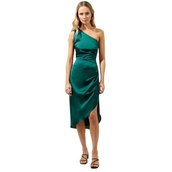 Sugarlips Dresses & Skirts - Sugarlips Belen One Shoulder Satin Ruched Midi Dress Green Women’s M NWT
